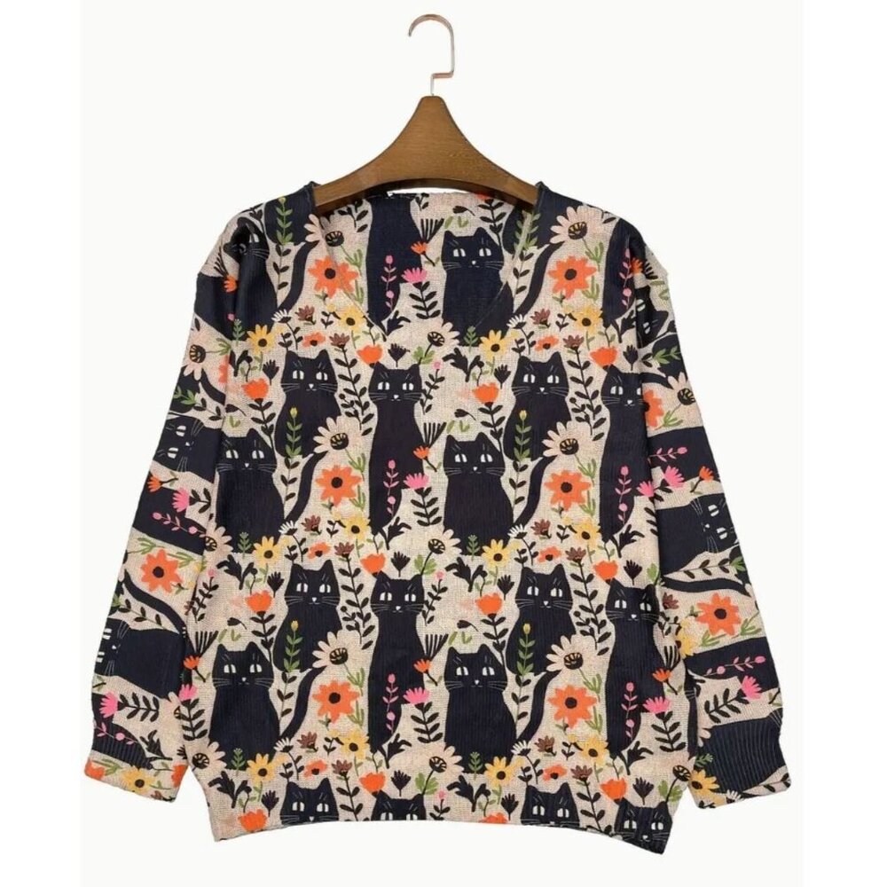 NWT Spooky Frolicking Black Cat Magic Lightweight Sweater Sizes M, L, XL